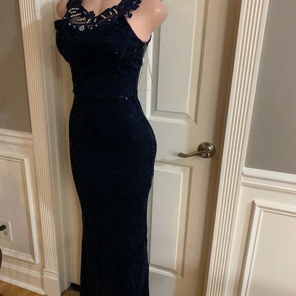 Women junior blue navy lace sequins halter bodycon mermaid maxi dress size (S) - Picture 8 of 13